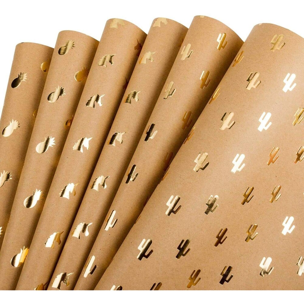 6 Sheet Kraft Wrapping Paper Gold Foil Pineapple Cactus Shiny 17.5 x 30 Each